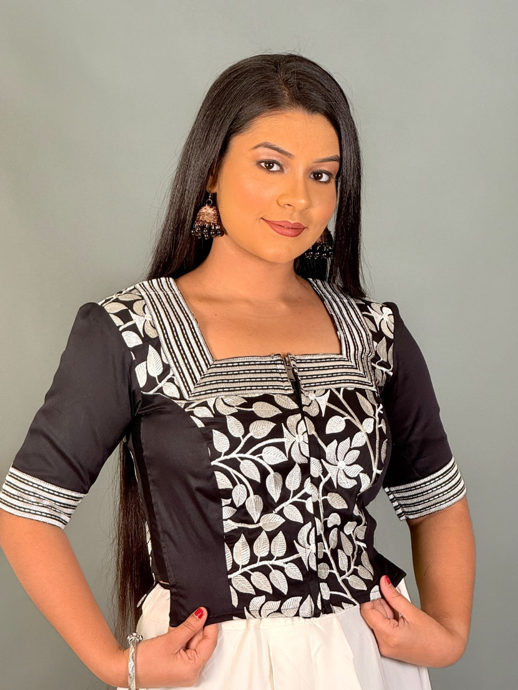 Midnight Muse Black & White Embroidered Blouse