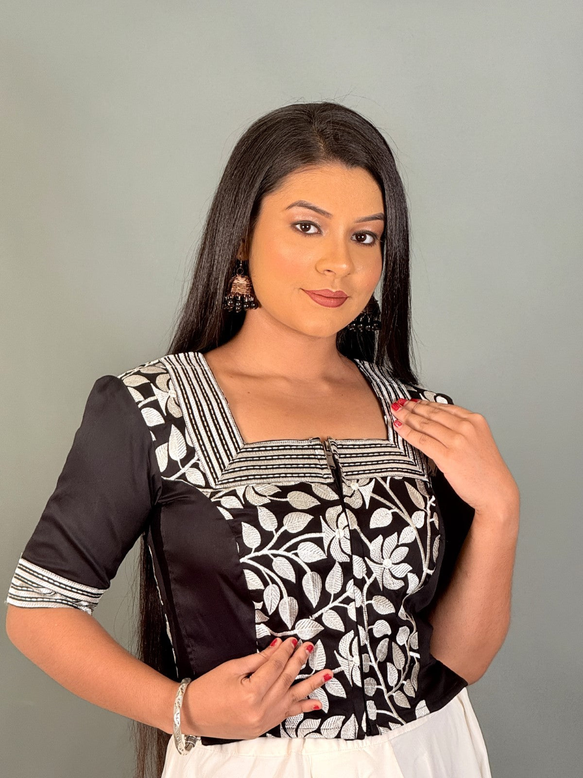 Plus Size Black & White Embroidered Blouse