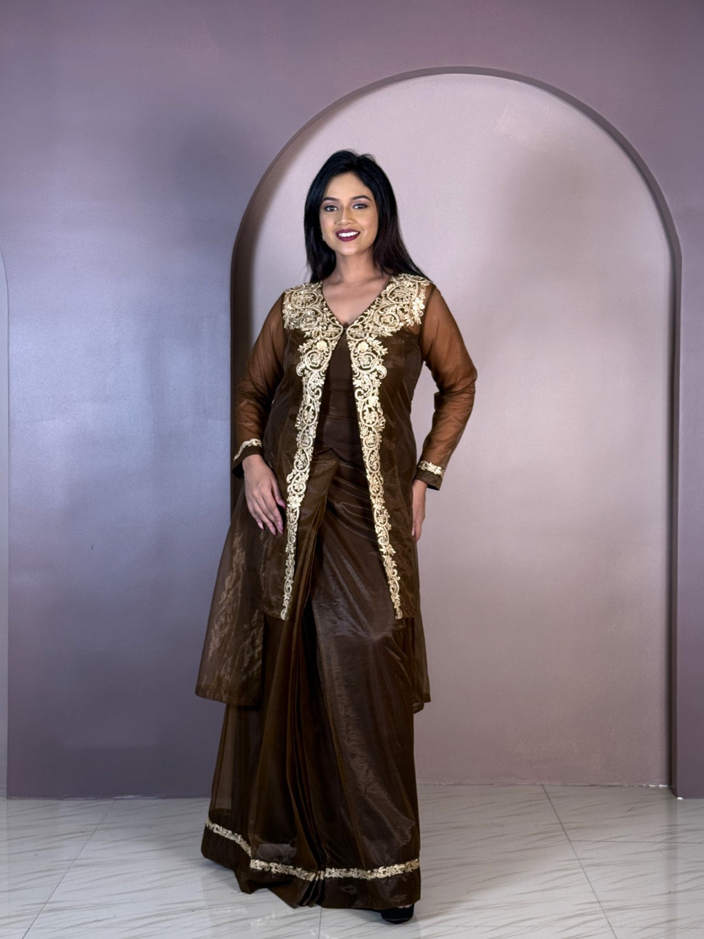 Gilded Mocha Embroidered Fusion Set with Jacket