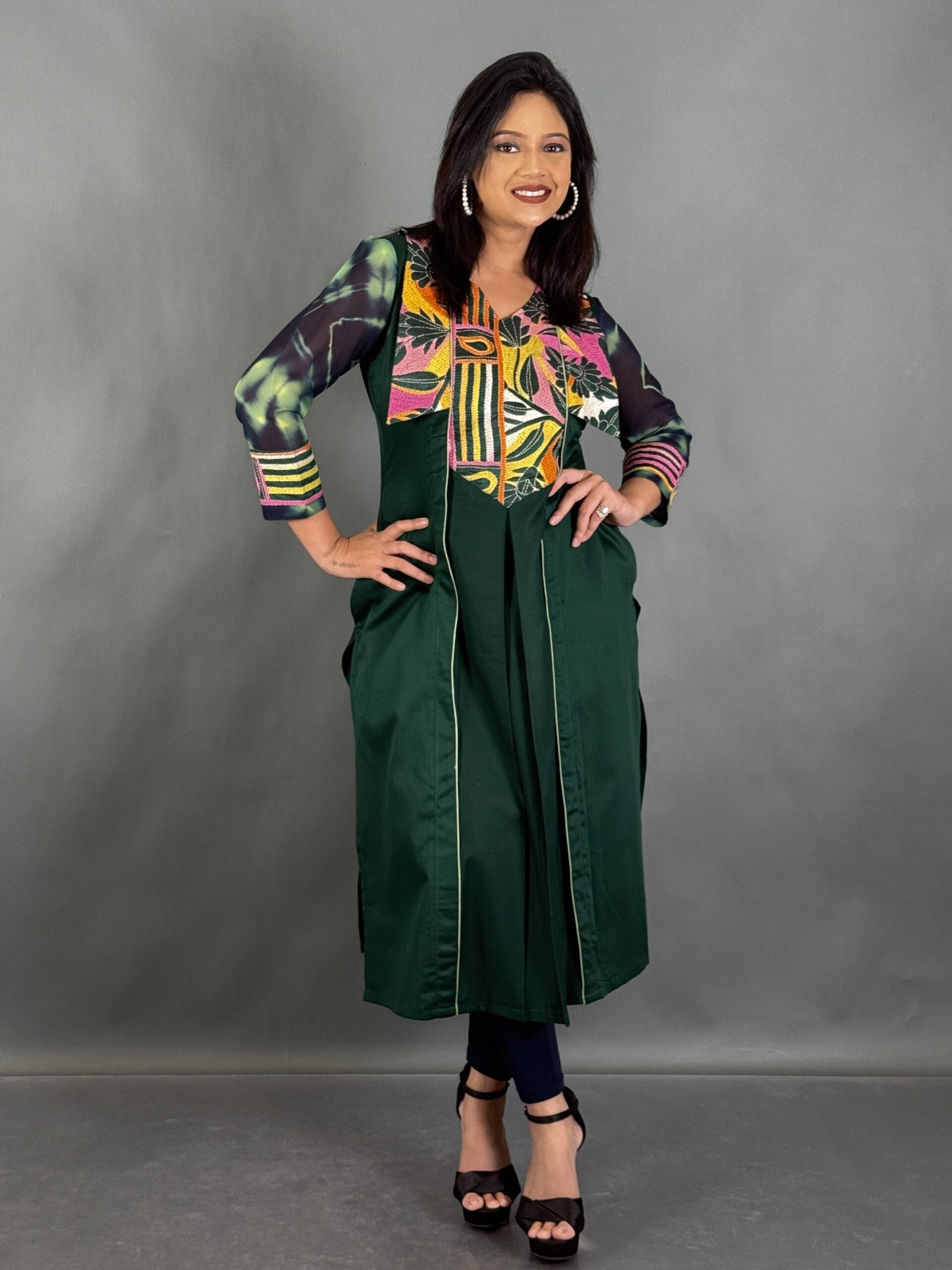 Bottle Green Bloom Hand-Stitched Kantha Kurti