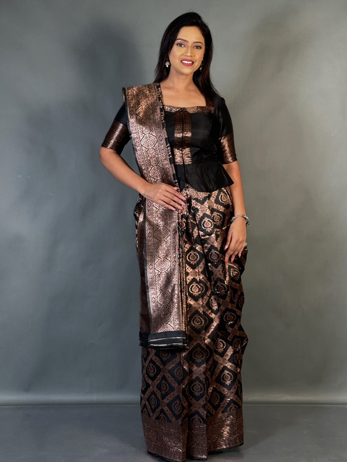 Elegant Black Semi-Tussar Benarasi Ready-to-Wear saree Set