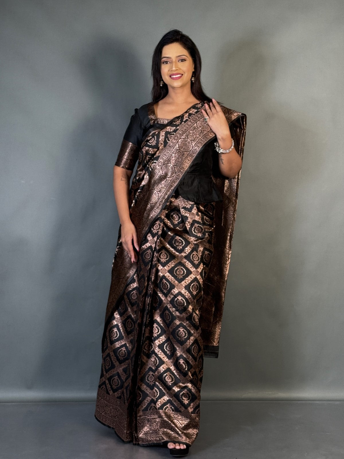 Elegant Black Semi-Tussar Benarasi Ready-to-Wear saree Set
