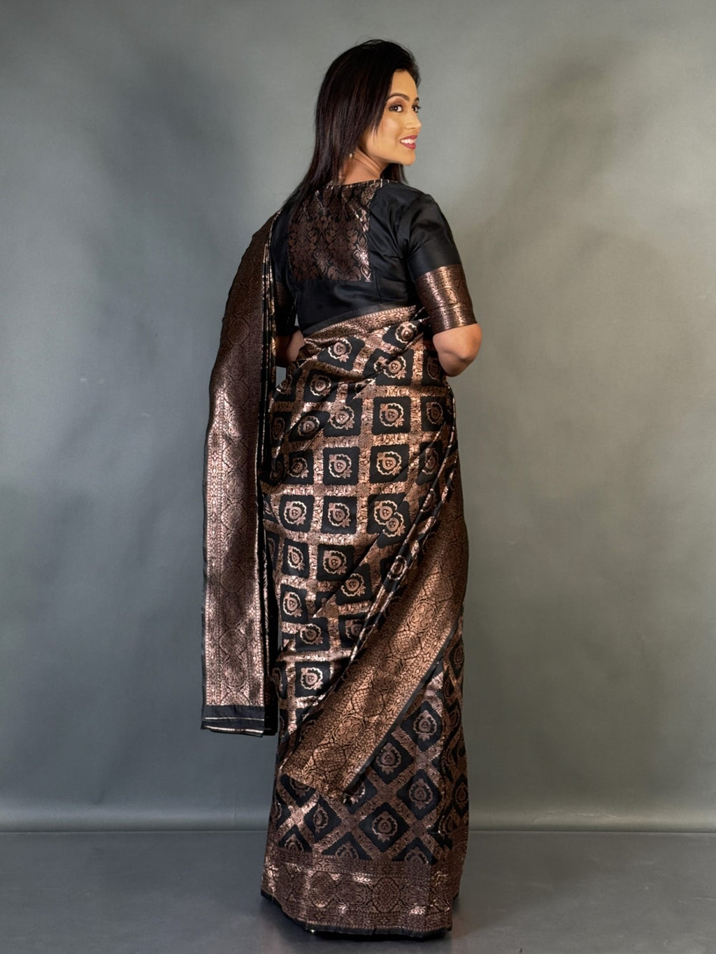 Elegant Black Semi-Tussar Benarasi Ready-to-Wear saree Set