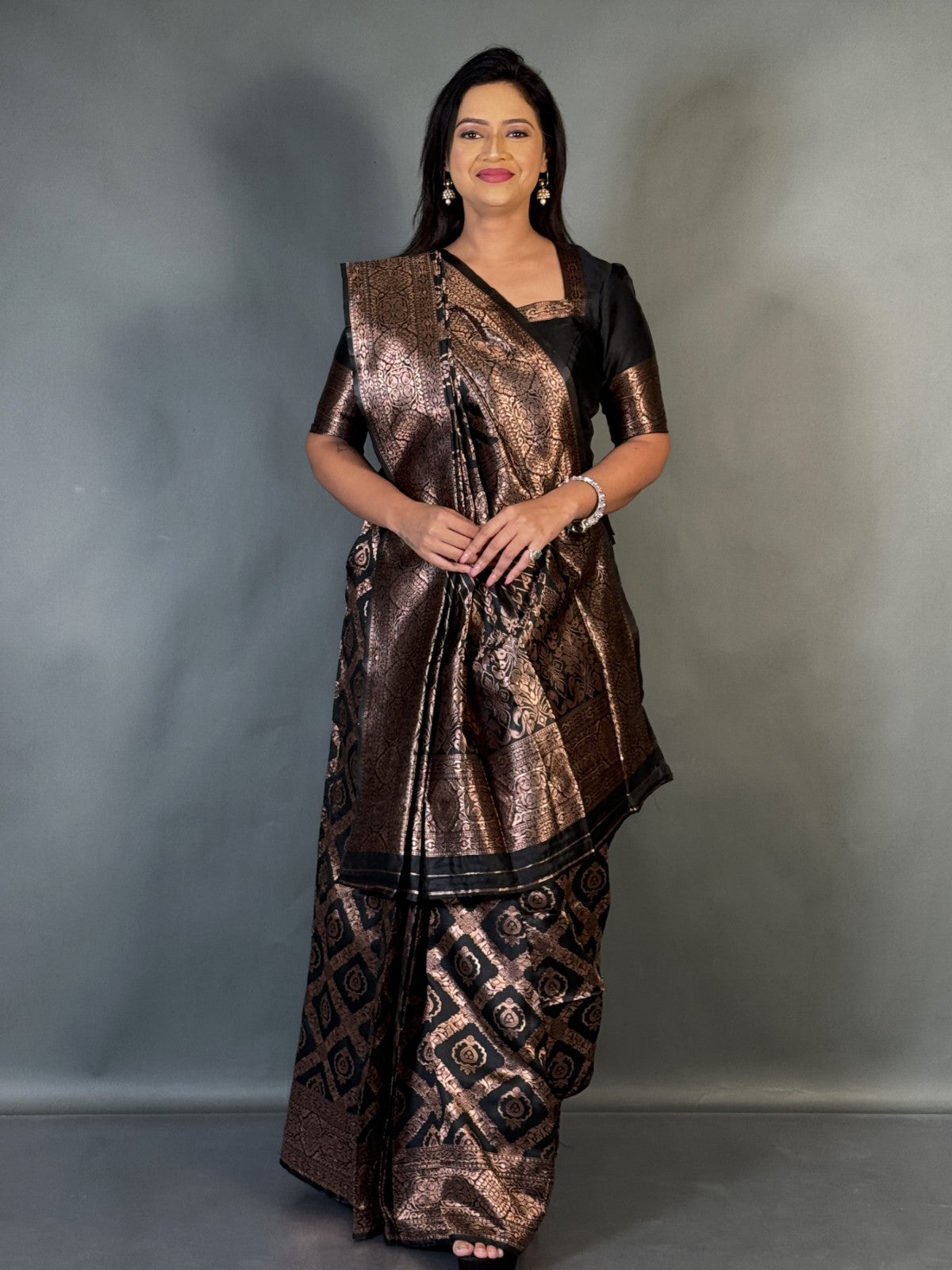 Elegant Black Semi-Tussar Benarasi Ready-to-Wear saree Set