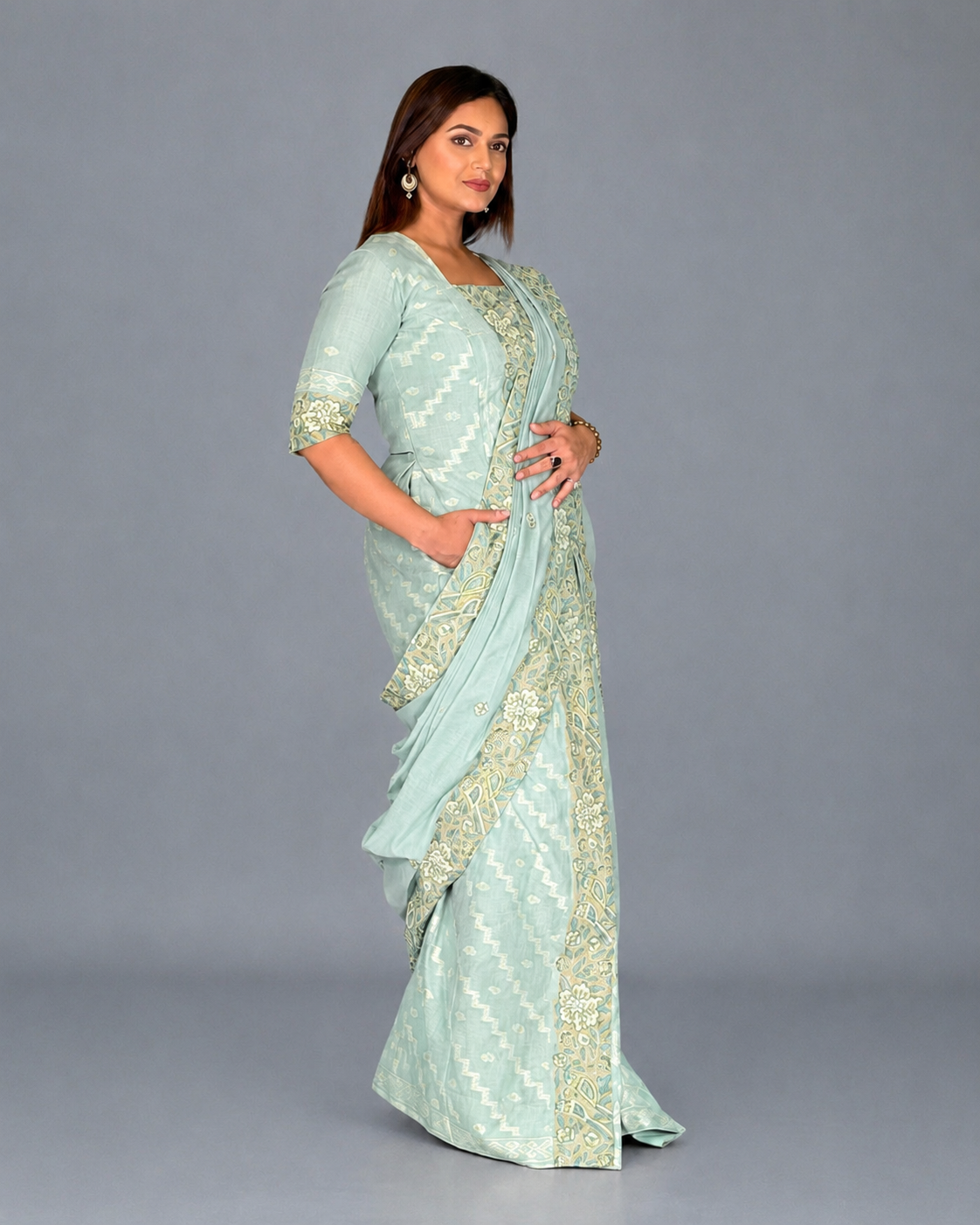 The Mint Muse Embroidered Insta Saree Set