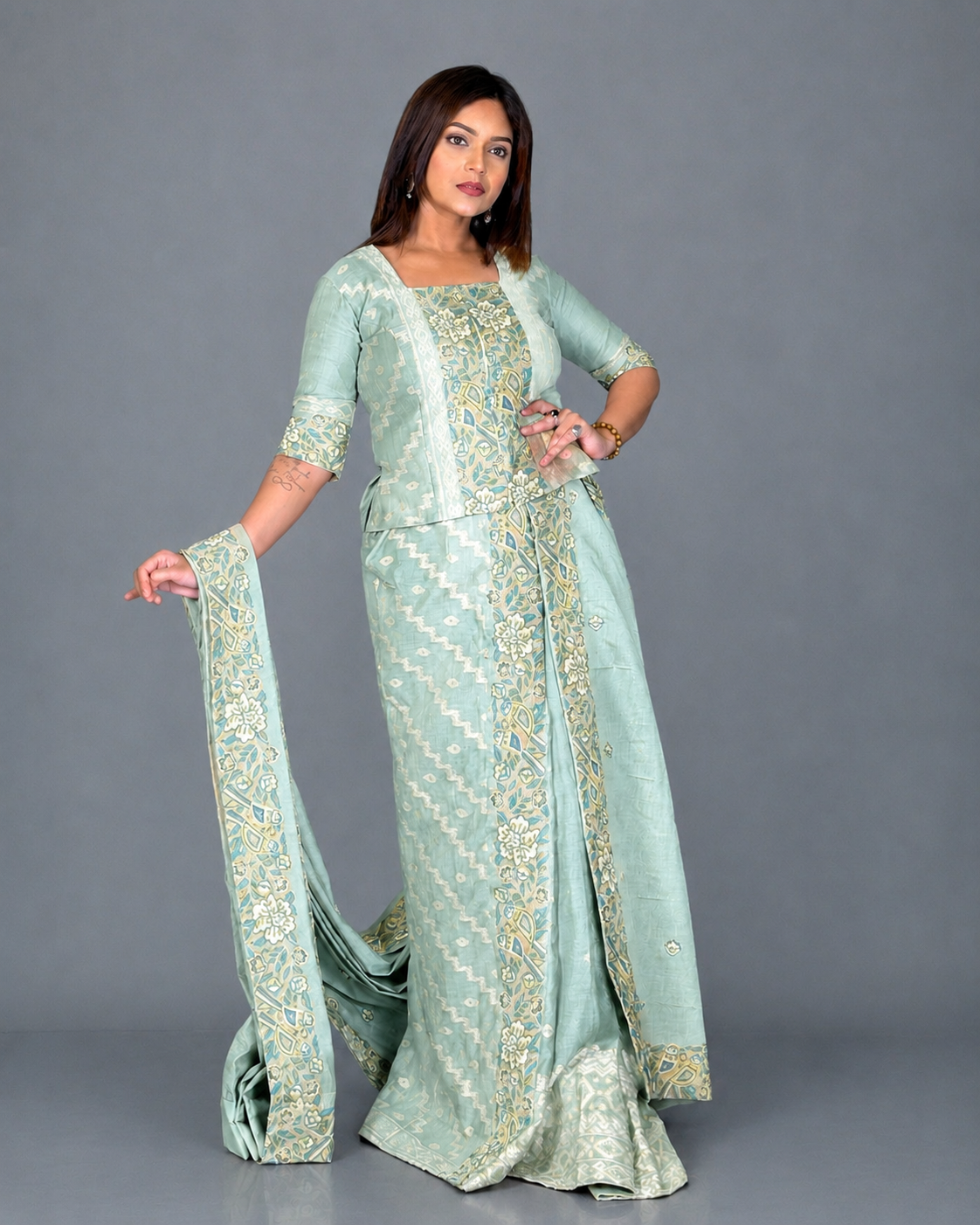 The Mint Muse Embroidered Insta Saree Set