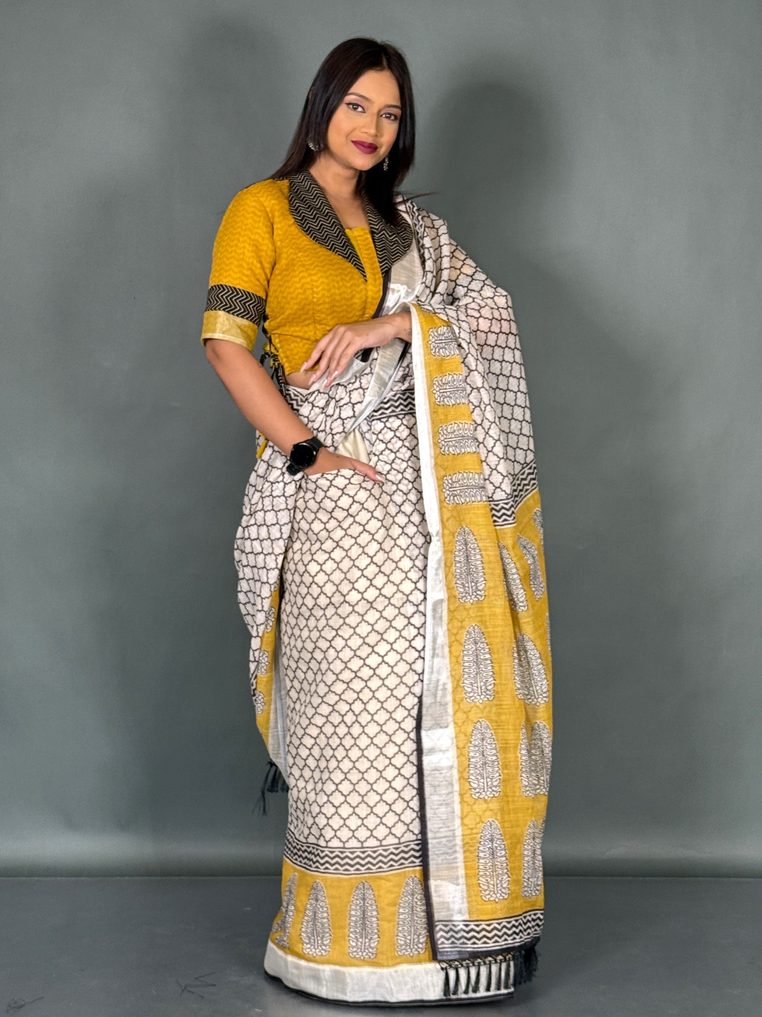 Sunlit Ivory Linen Insta Saree Set
