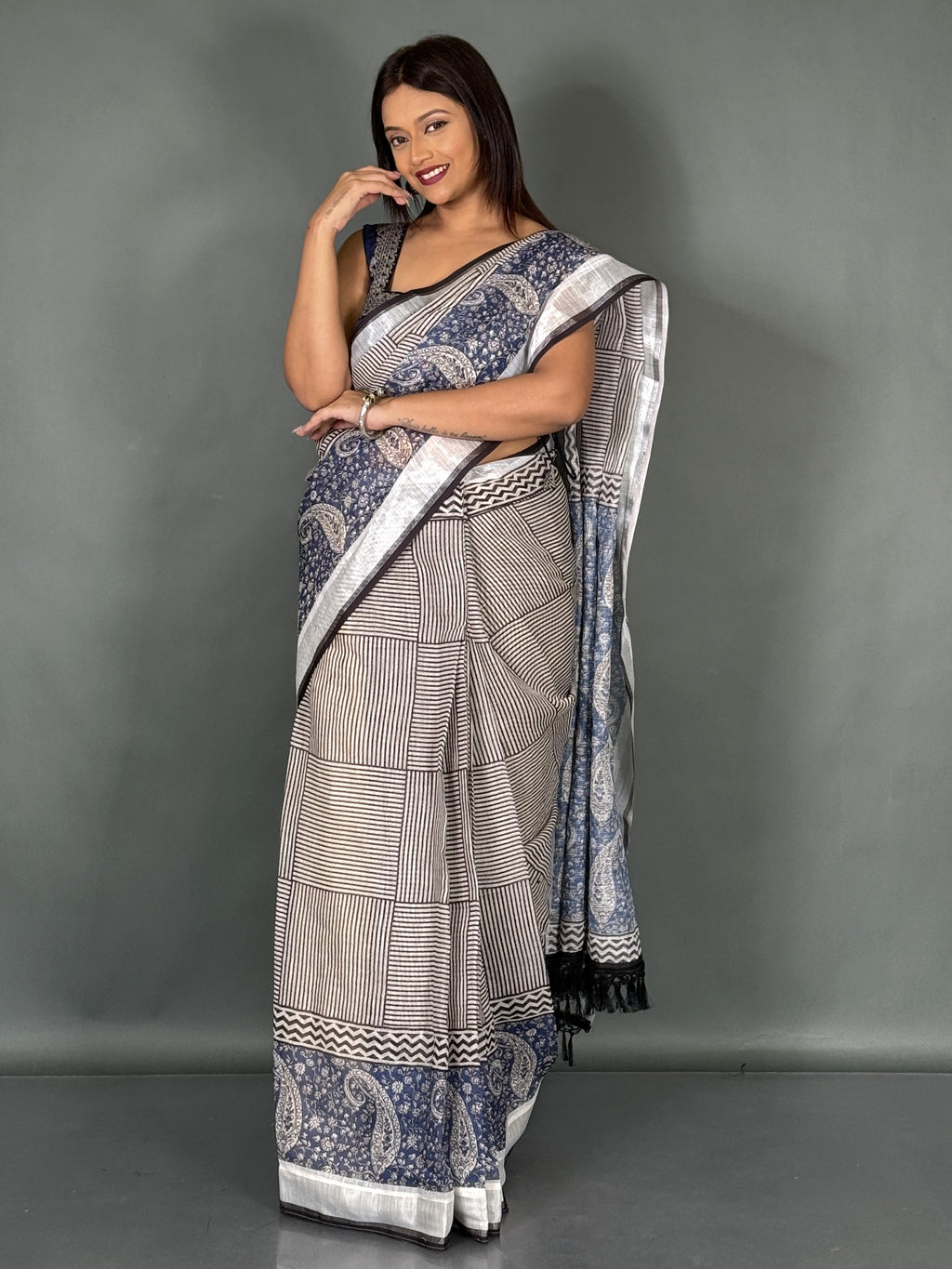 Navy Bloom Linen Insta Saree with Designer Blouse