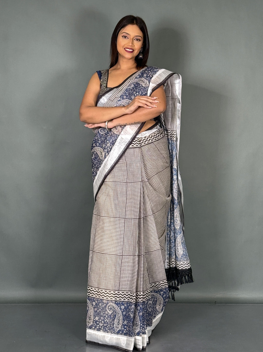 Navy Bloom Linen Insta Saree with Designer Blouse