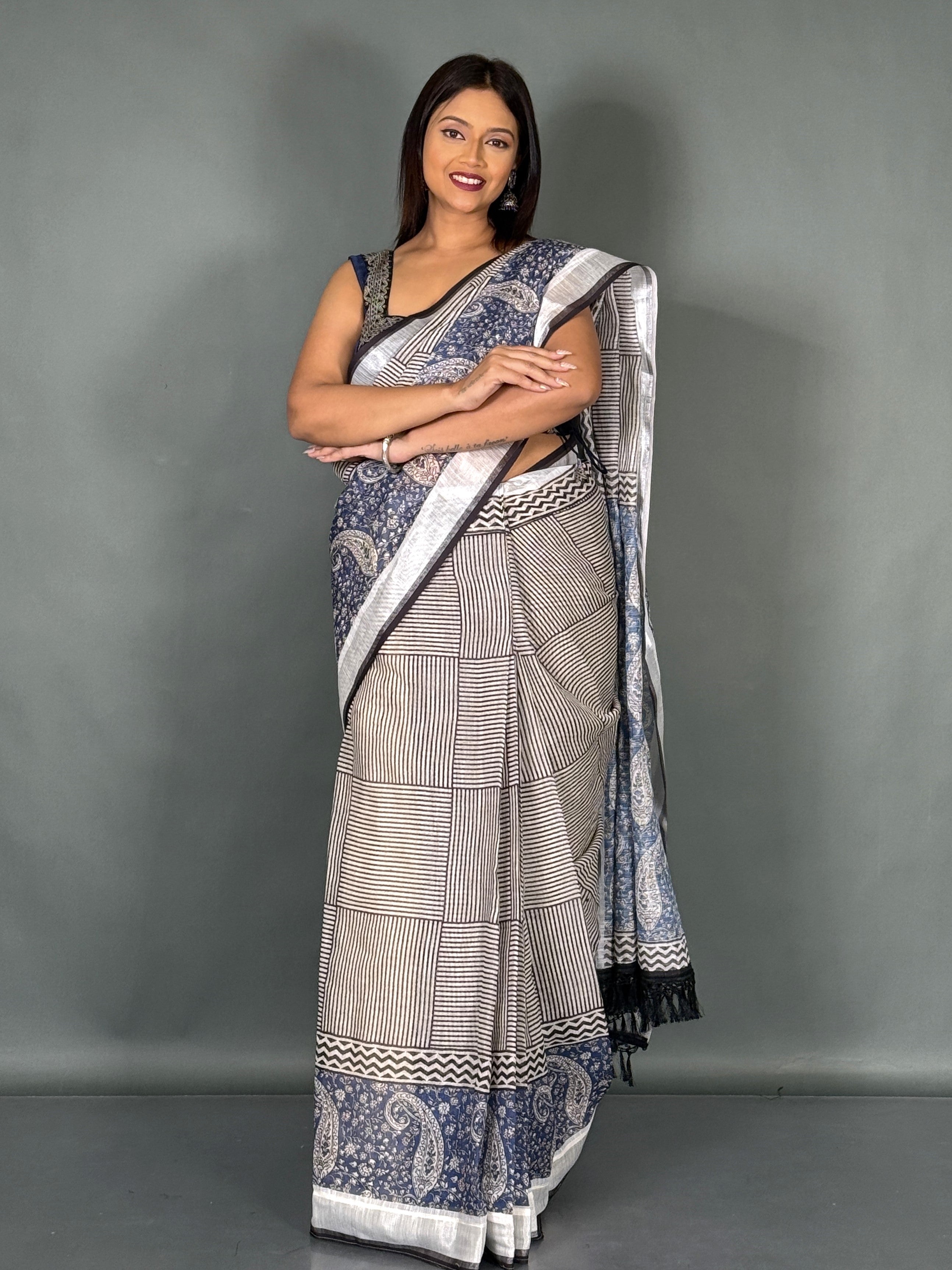 Navy Bloom Linen Insta Saree with Designer Blouse