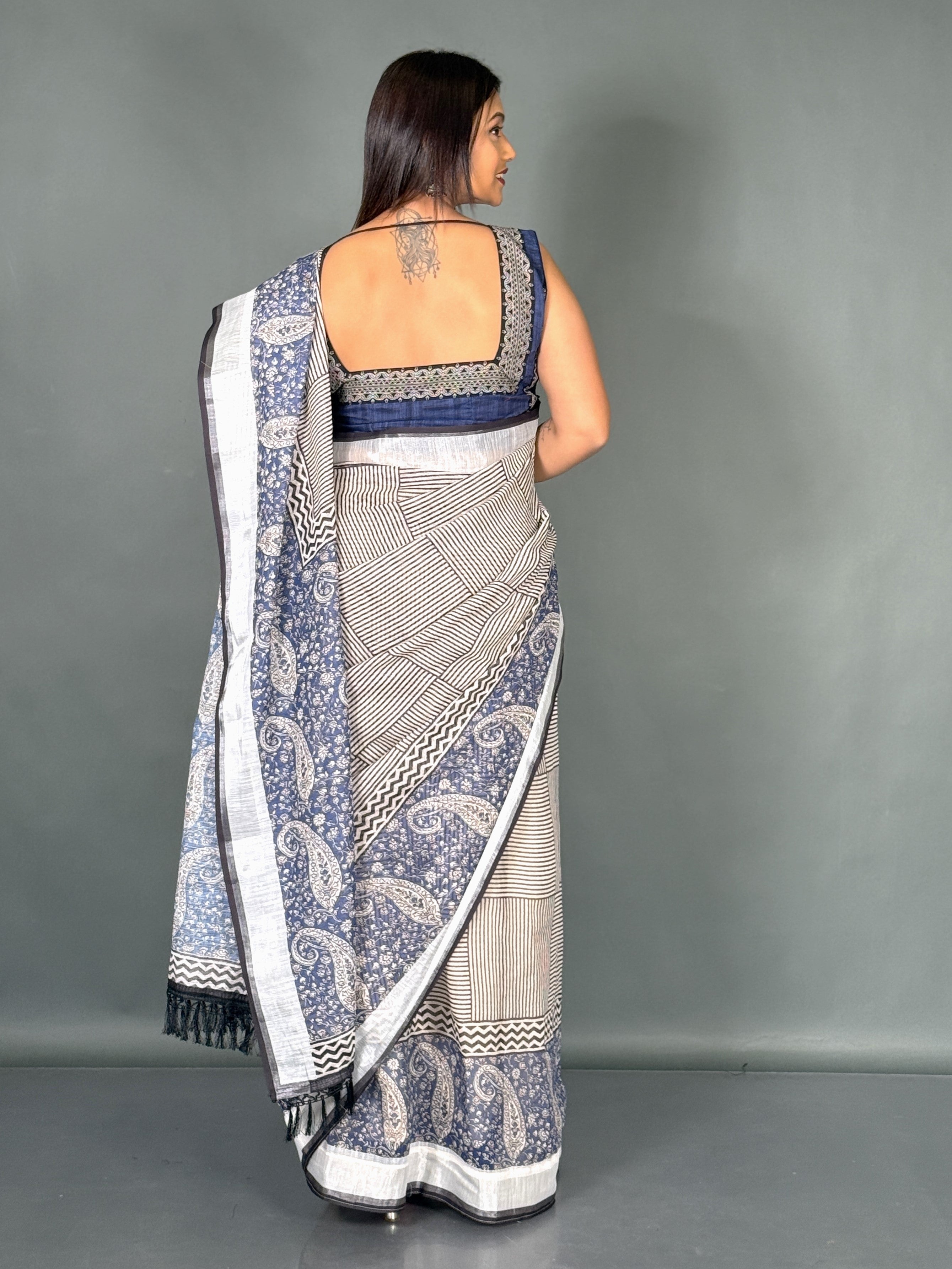 Navy Bloom Linen Insta Saree with Designer Blouse