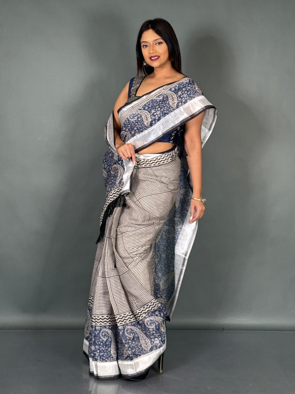 Navy Bloom Linen Insta Saree with Designer Blouse