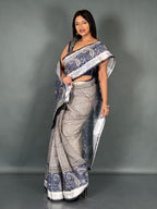 Navy Bloom Linen Insta Saree with Designer Blouse