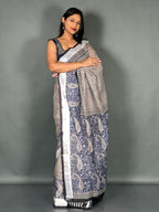 Navy Bloom Linen Insta Saree with Designer Blouse