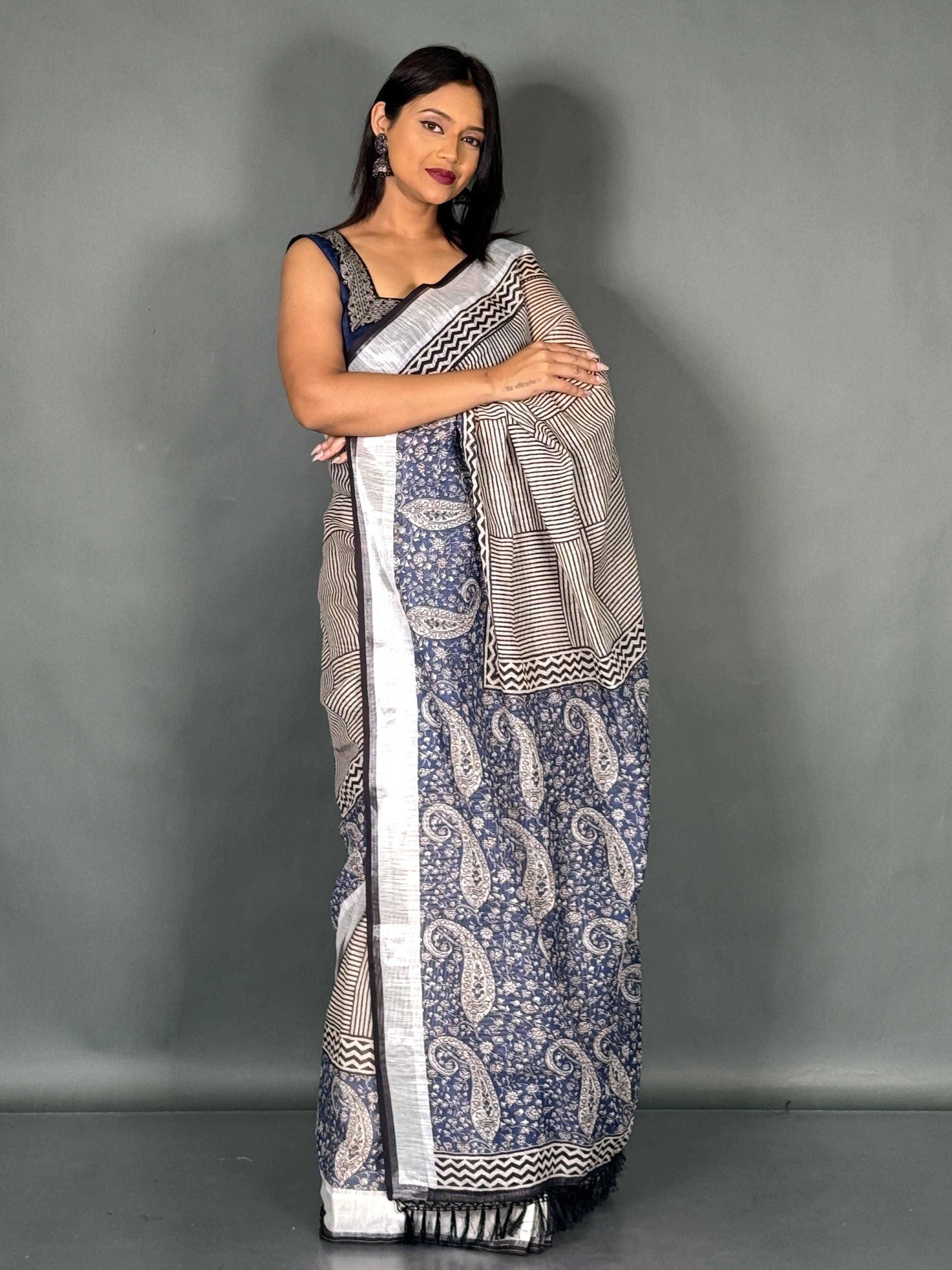 Navy Bloom Linen Insta Saree with Designer Blouse