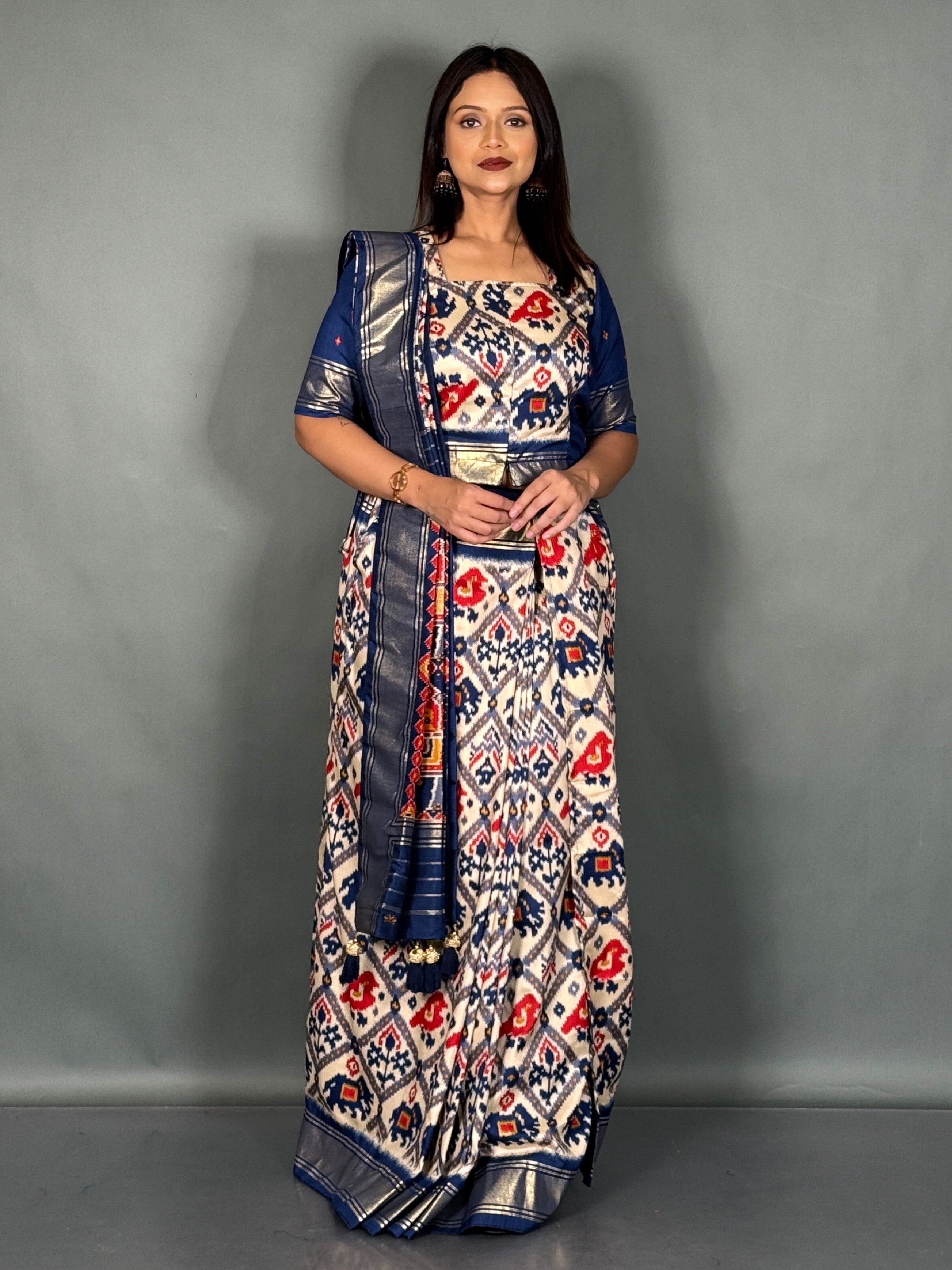 Moonlit Grace Plus Size Off White Blue Ready-to-Wear Saree Set