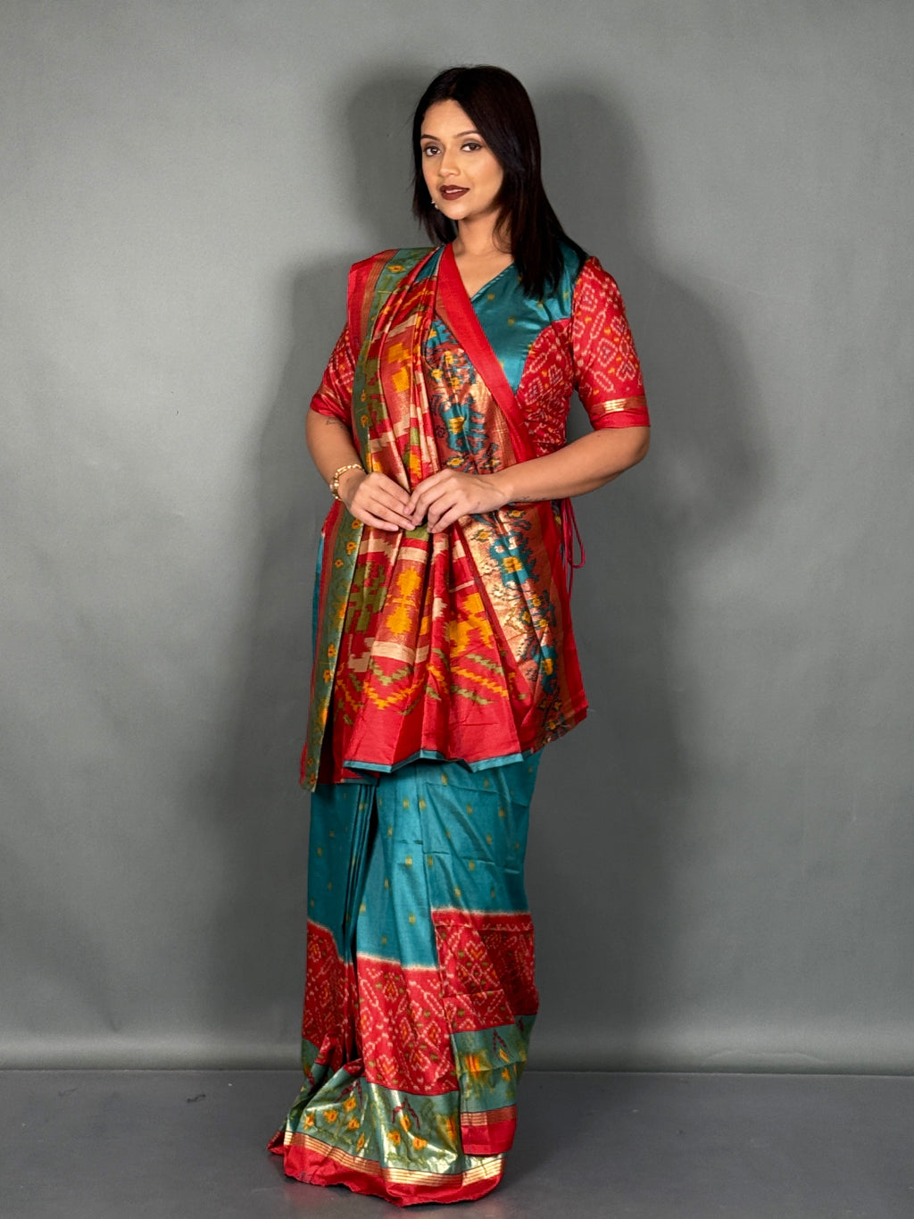 Plus Size Peacock Blue Patola Print Insta Saree Set