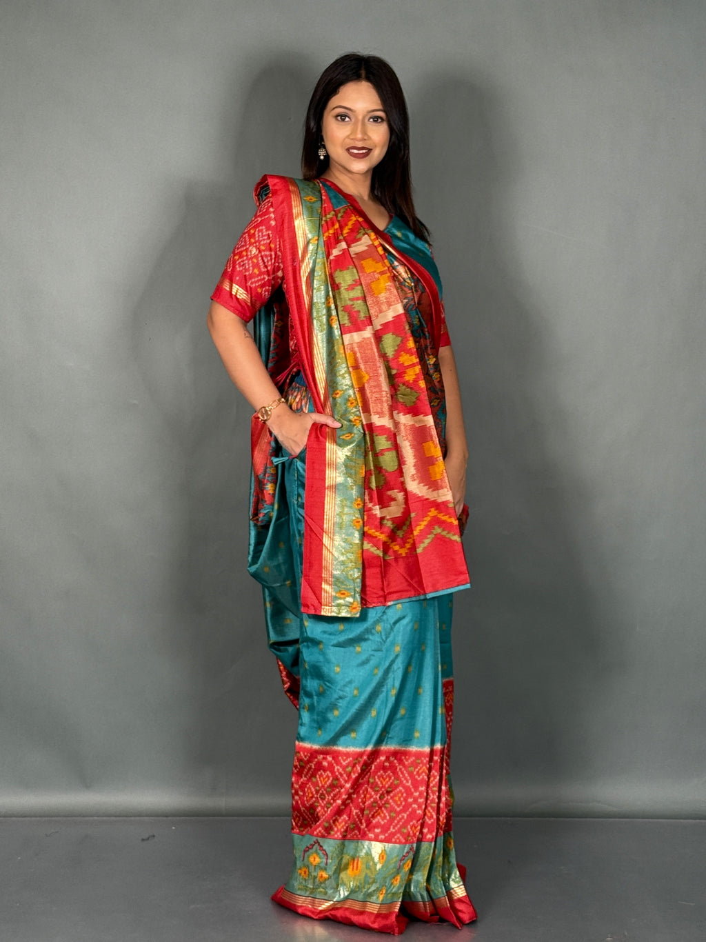 Plus Size Peacock Blue Patola Print Insta Saree Set