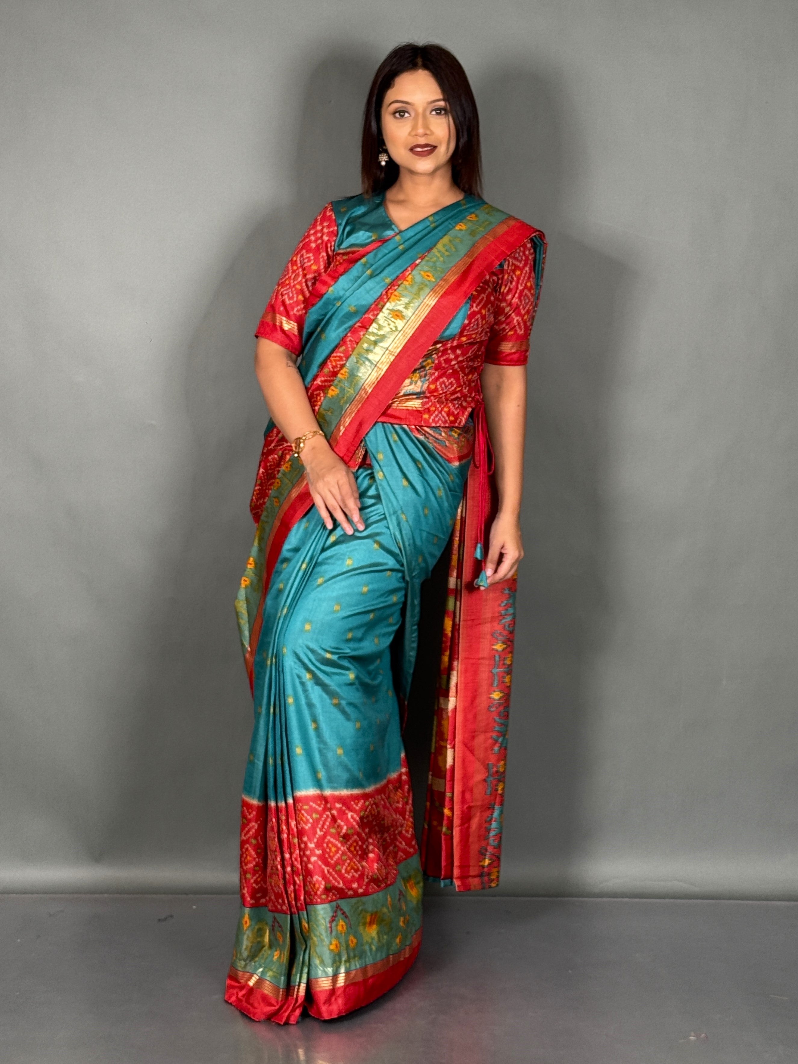 Plus Size Peacock Blue Patola Print Insta Saree Set