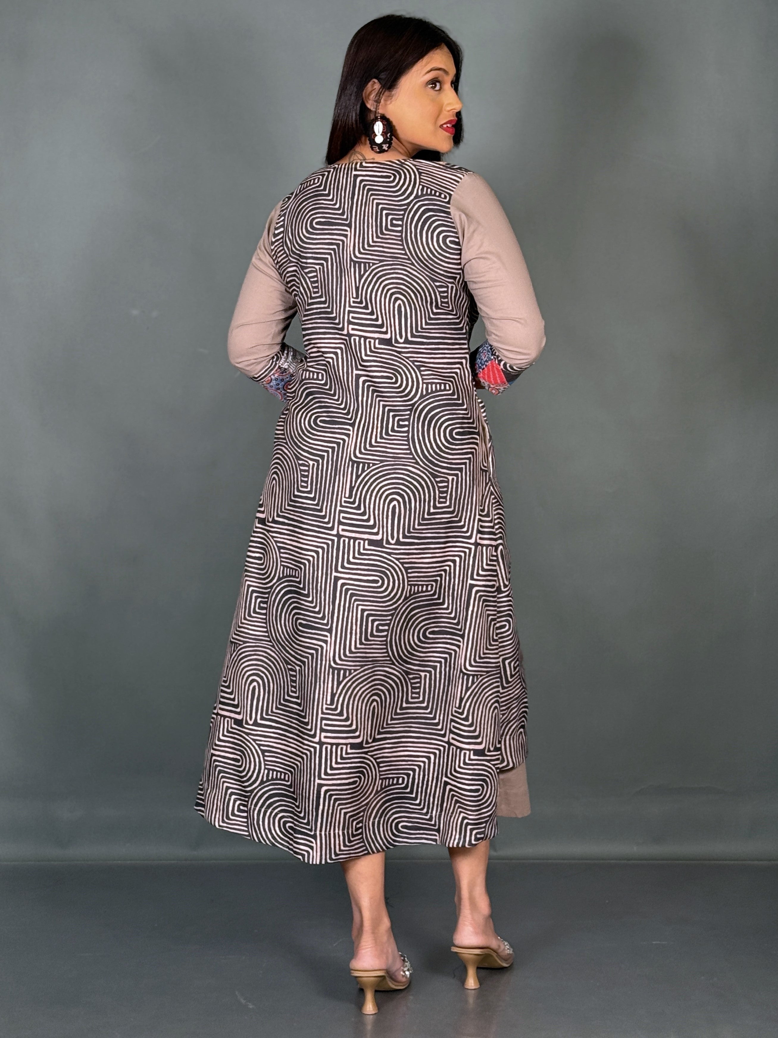 Beige & Black Geometric Indo-Western  Dress