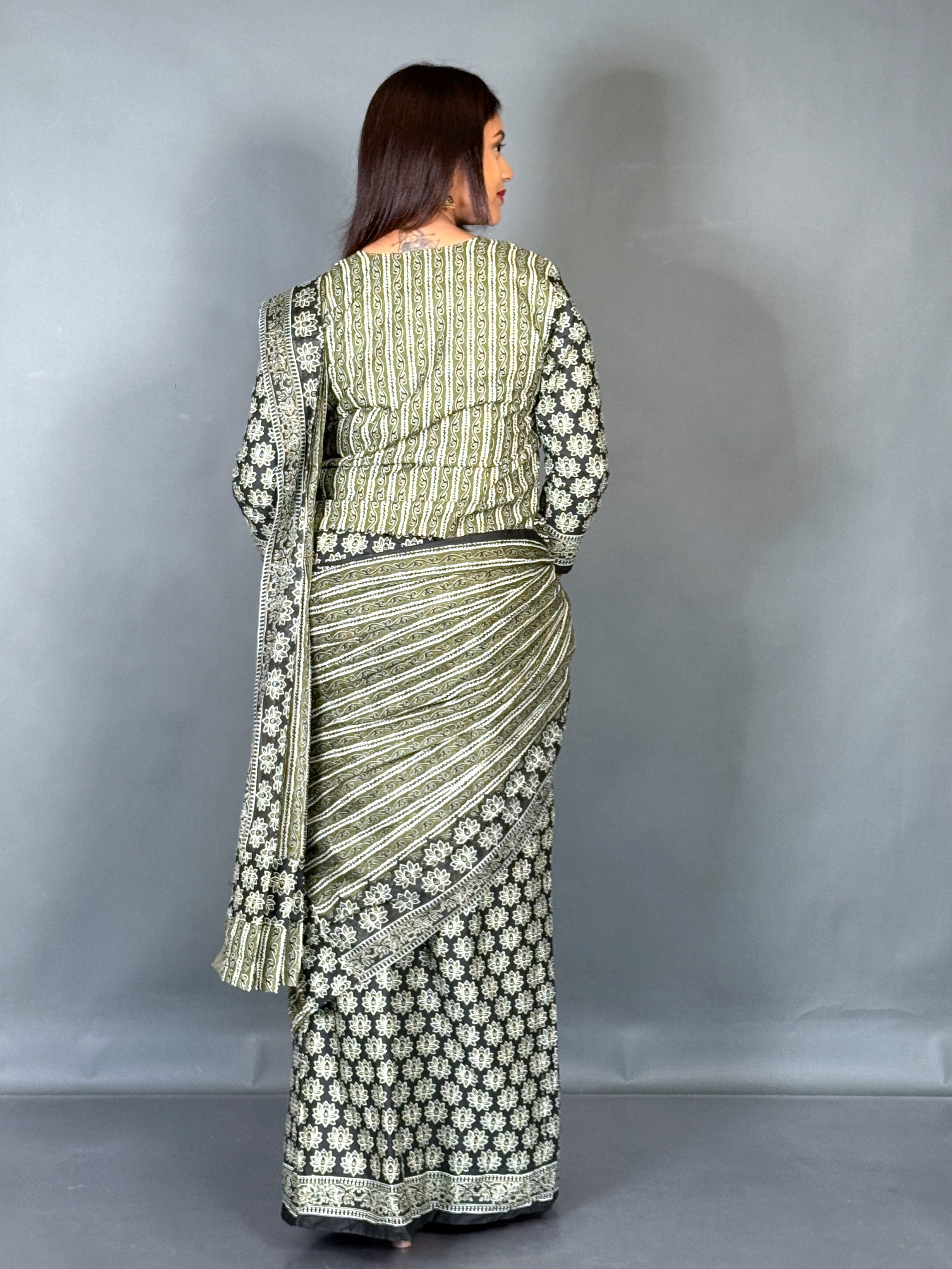 Pista Ajrak Print Ready To Wear Saree Set