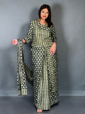 Pista Ajrak Print Ready To Wear Saree Set