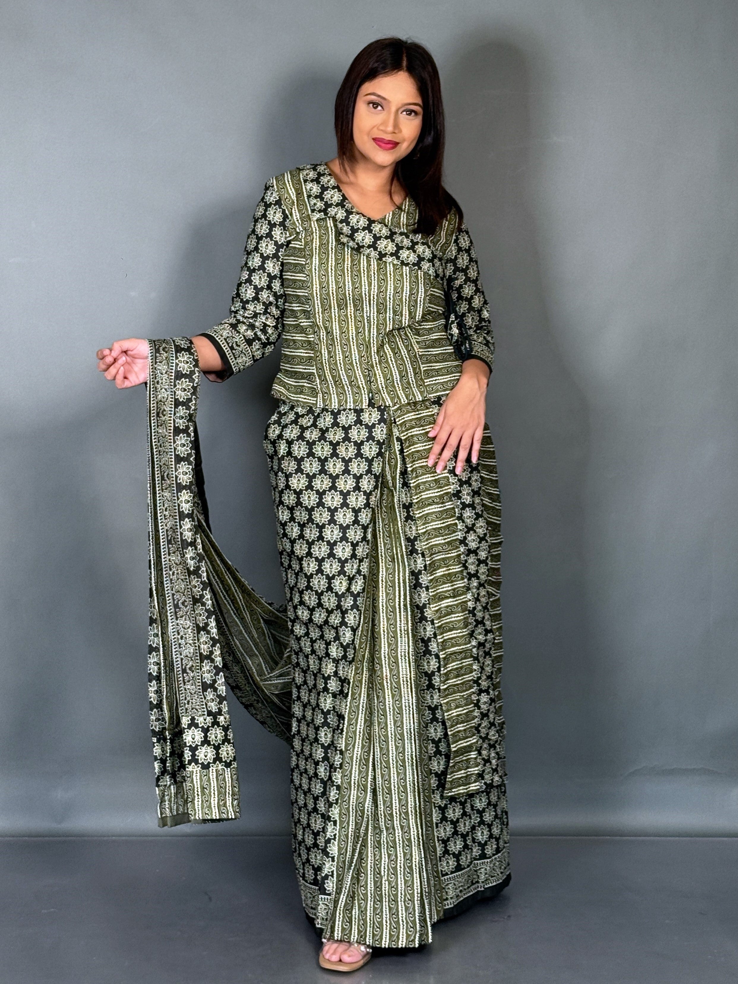 Pista Ajrak Print Ready To Wear Saree Set