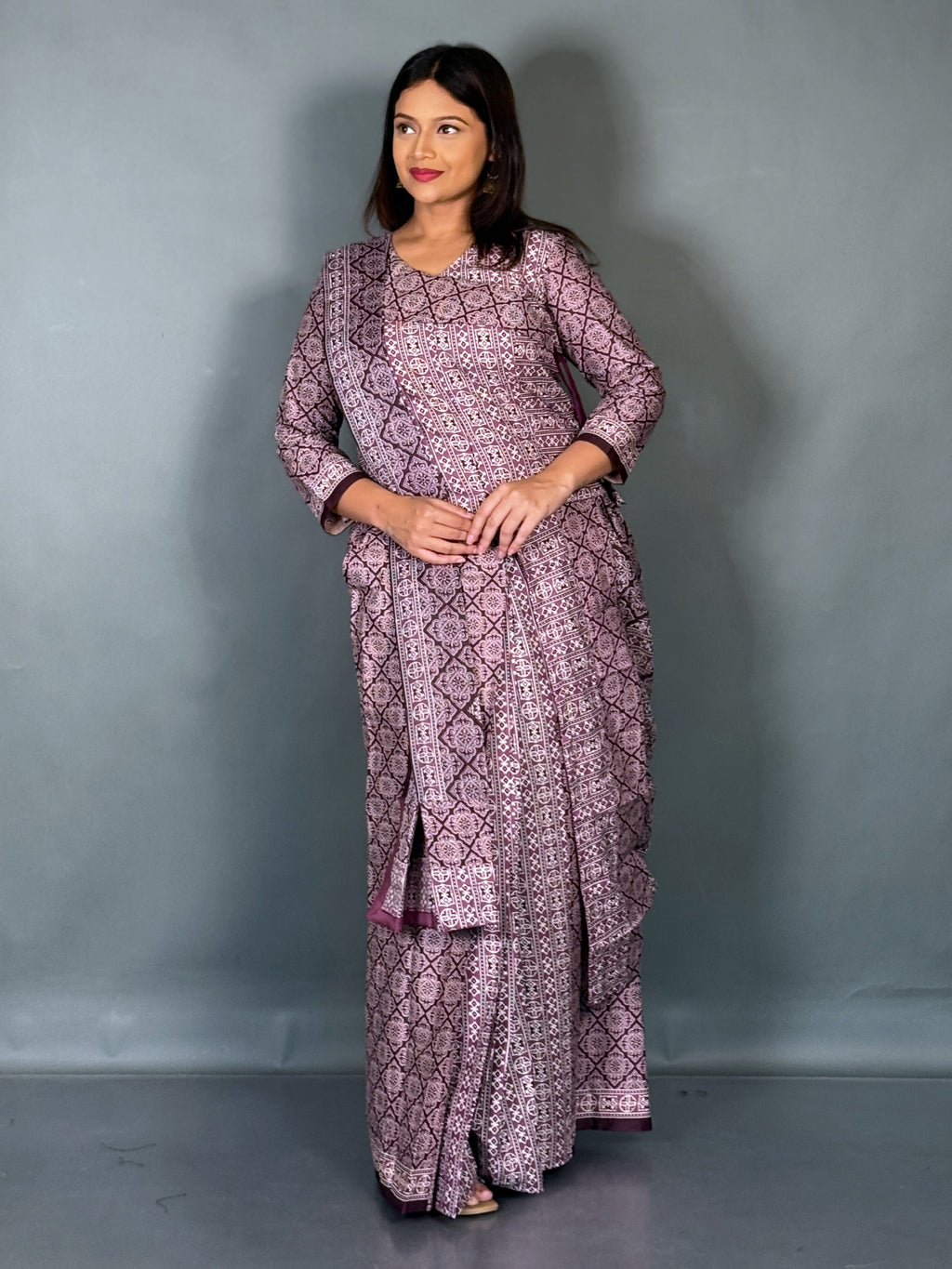 Lavender Moon Ajrak Ready To Wear Saree Set
