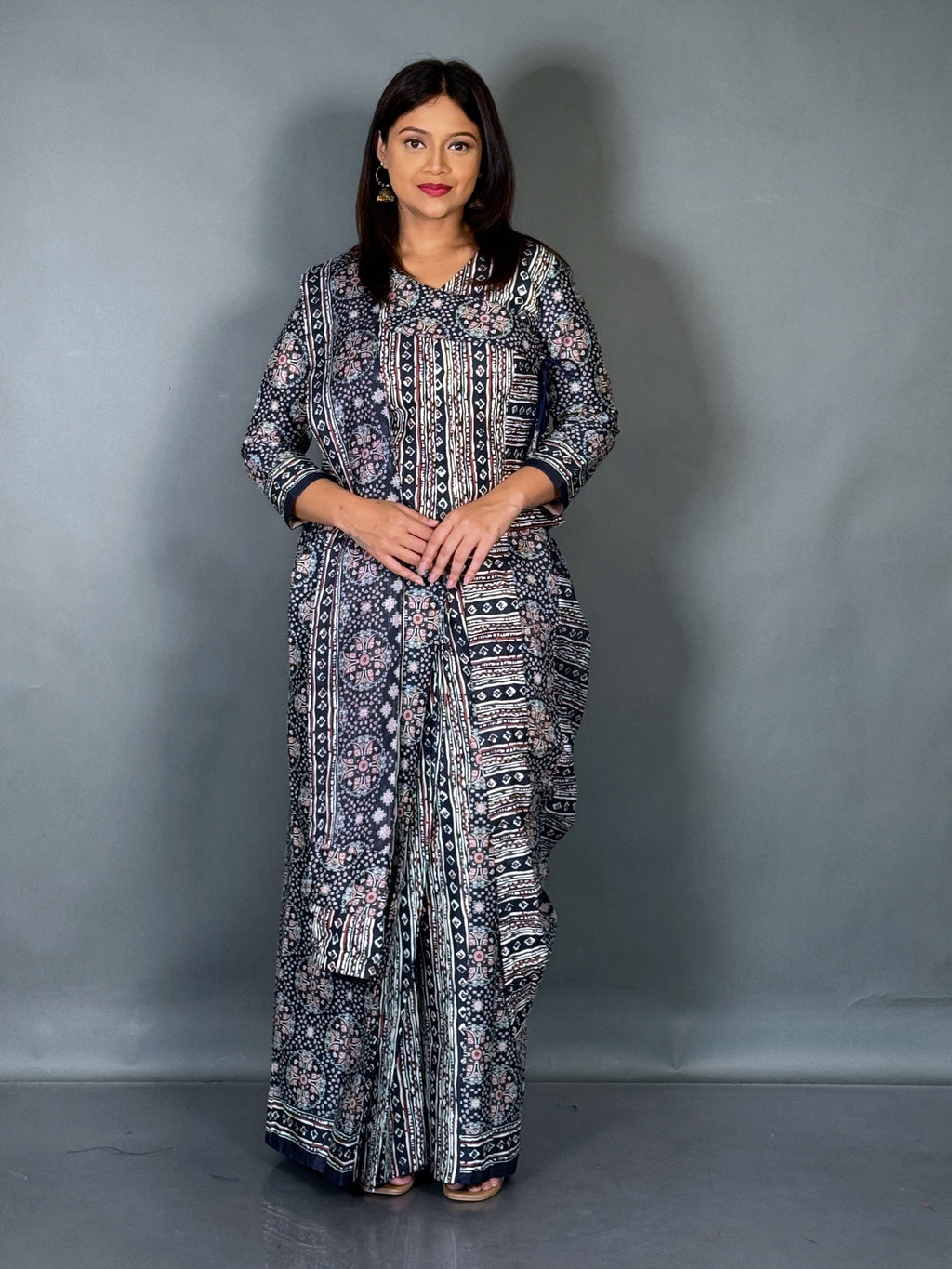 Midnight Mist Ajrak Blue Ready To Wear Saree Set