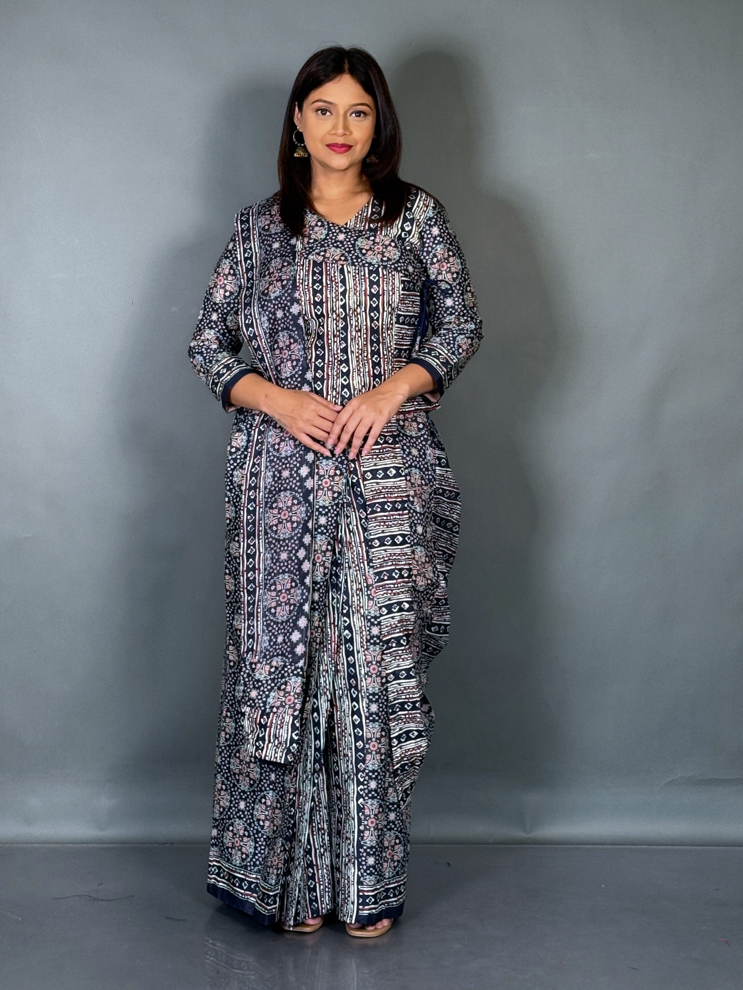 Midnight Mist Ajrak Blue Ready To Wear Saree Set