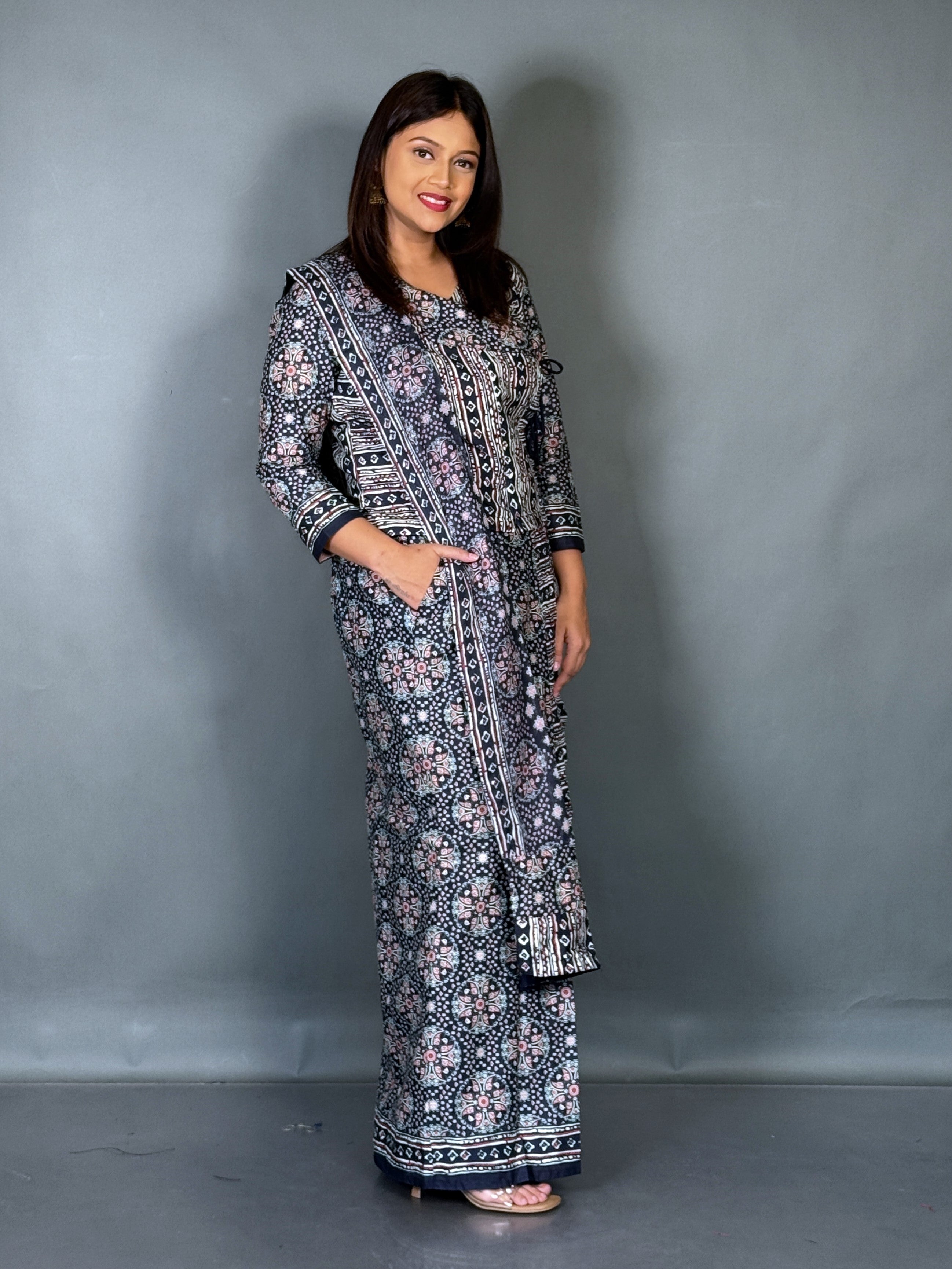Midnight Mist Ajrak Blue Ready To Wear Saree Set