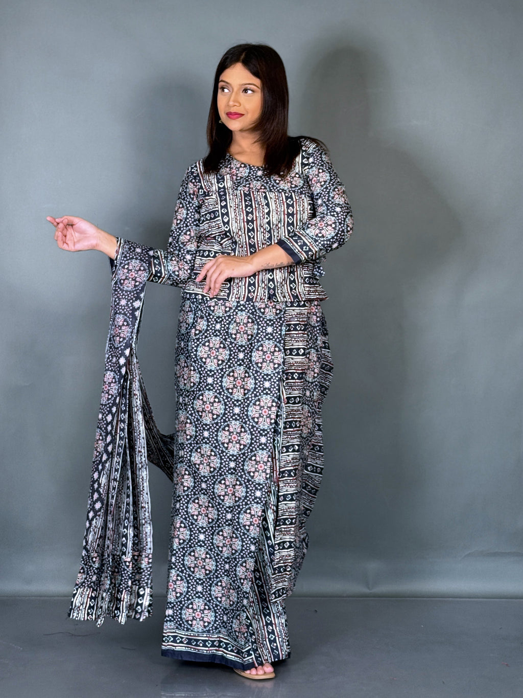 Midnight Mist Ajrak Blue Ready To Wear Saree Set