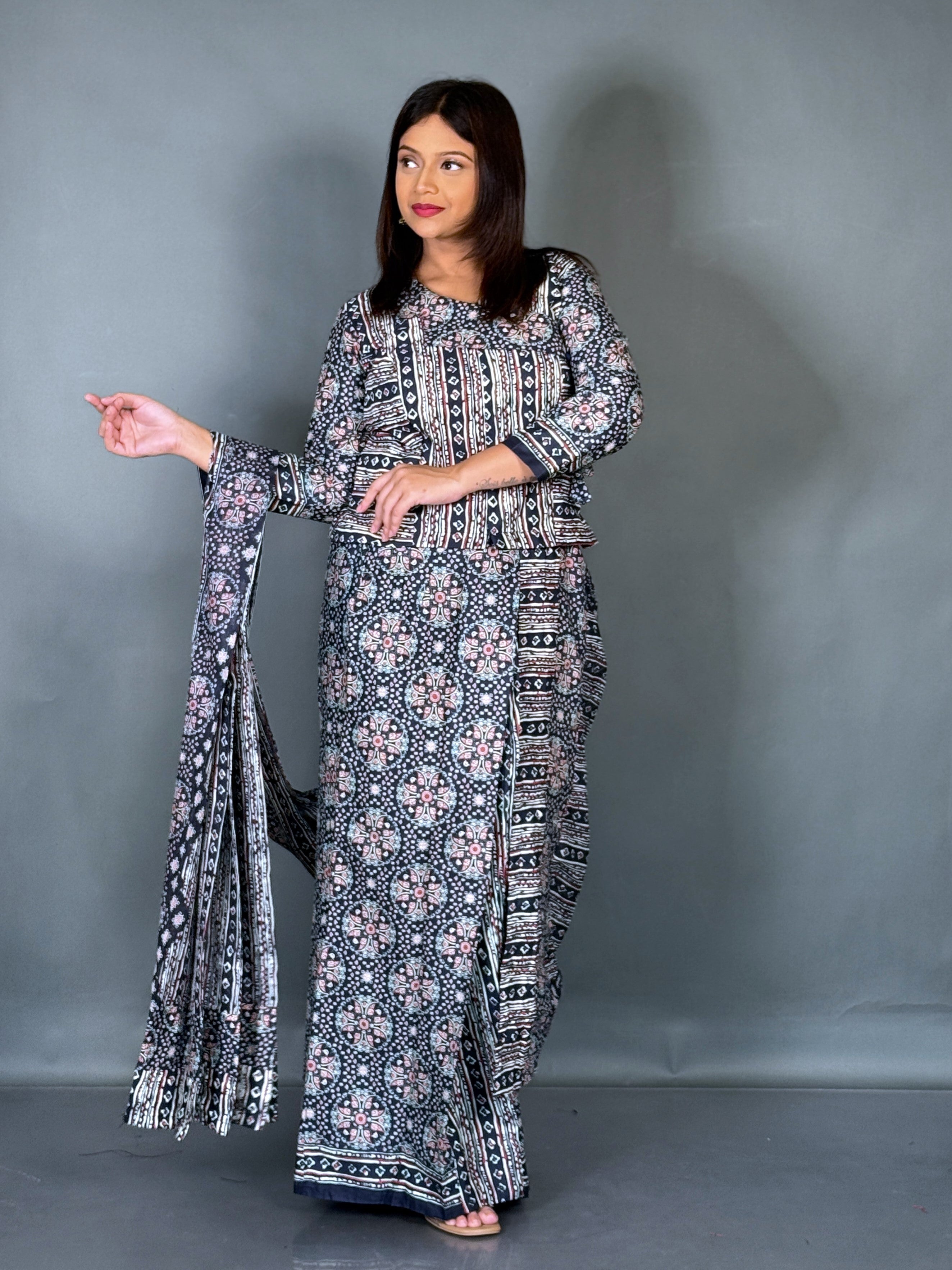 Midnight Mist Ajrak Blue Ready To Wear Saree Set