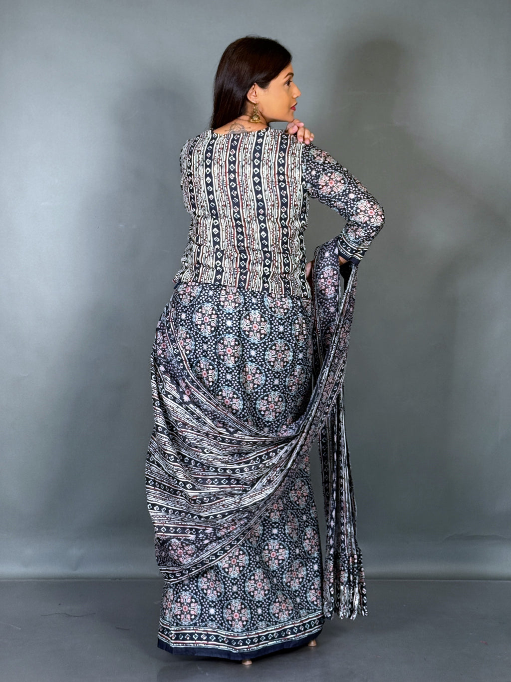 Midnight Mist Ajrak Blue Ready To Wear Saree Set