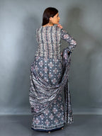 Midnight Mist Ajrak Blue Ready To Wear Saree Set