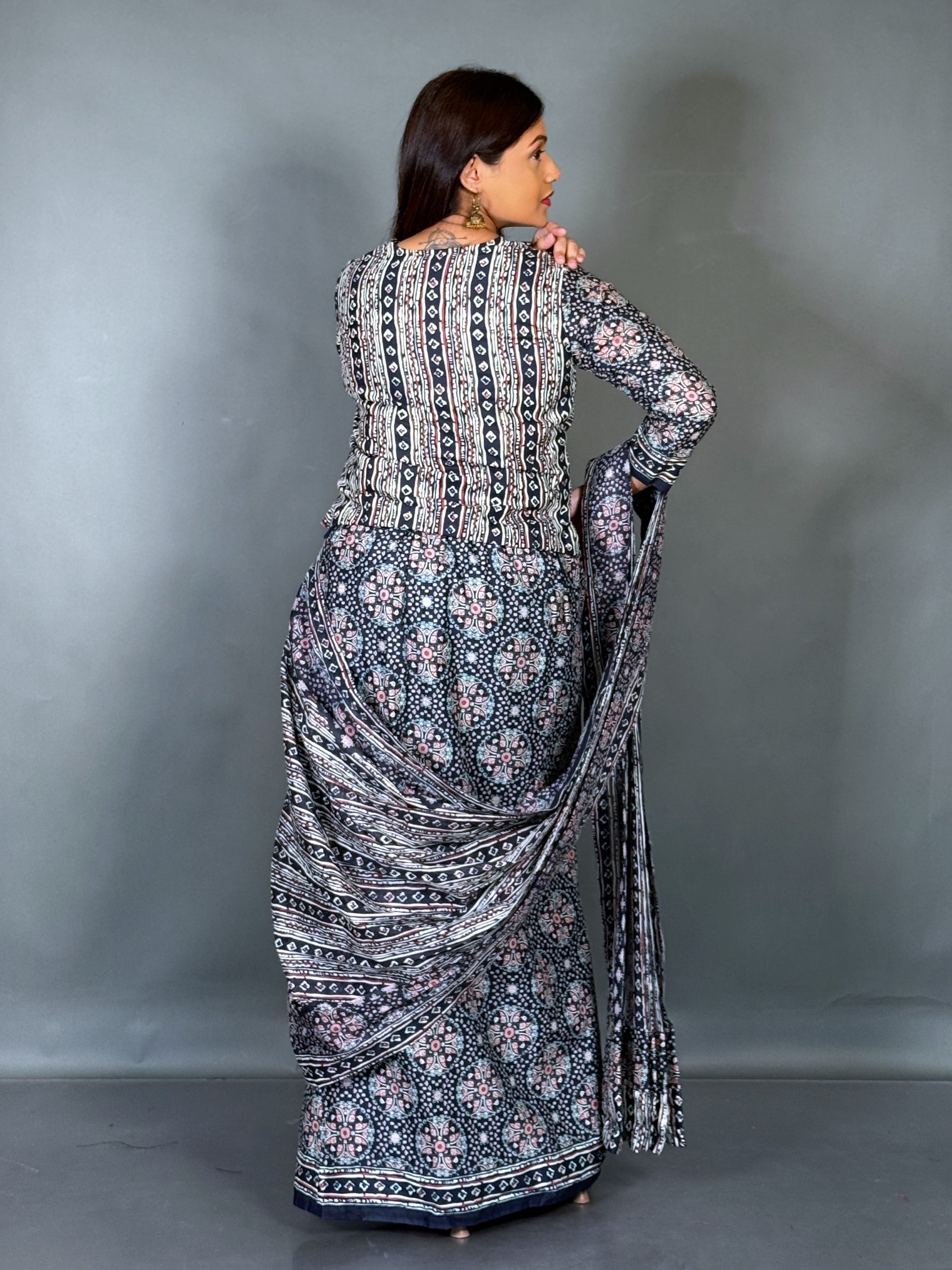 Midnight Mist Ajrak Blue Ready To Wear Saree Set