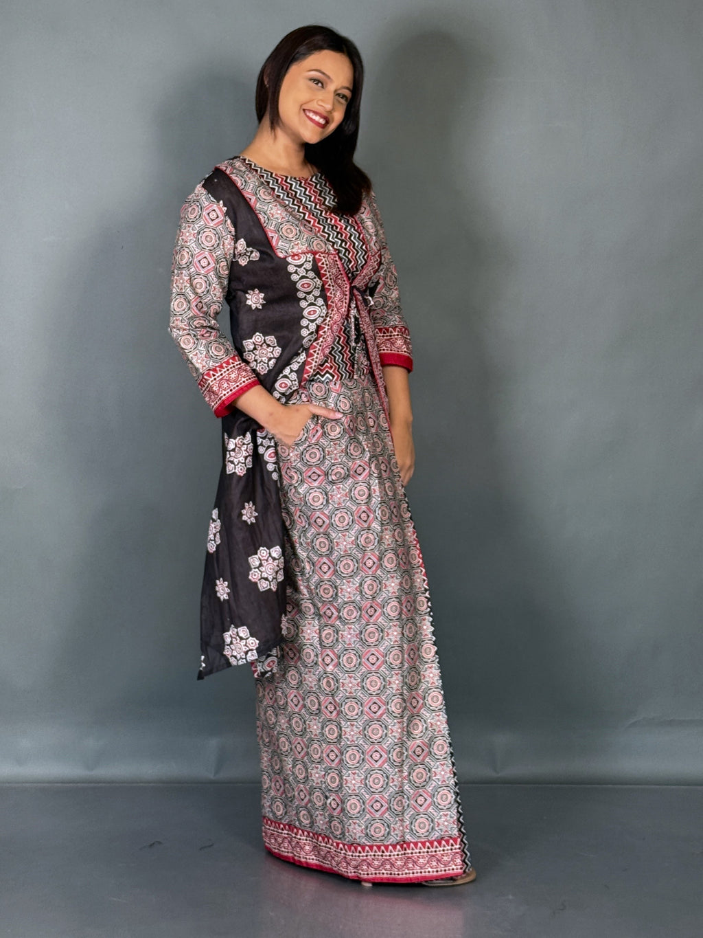 Crimson Noir Fusion Saree Skirt Set