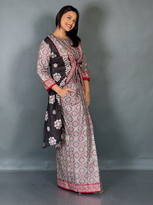 Crimson Noir Fusion Saree Skirt Set