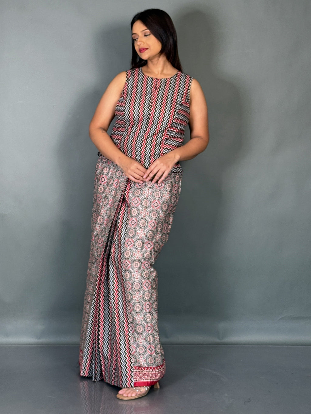 Crimson Noir Fusion Saree Skirt Set