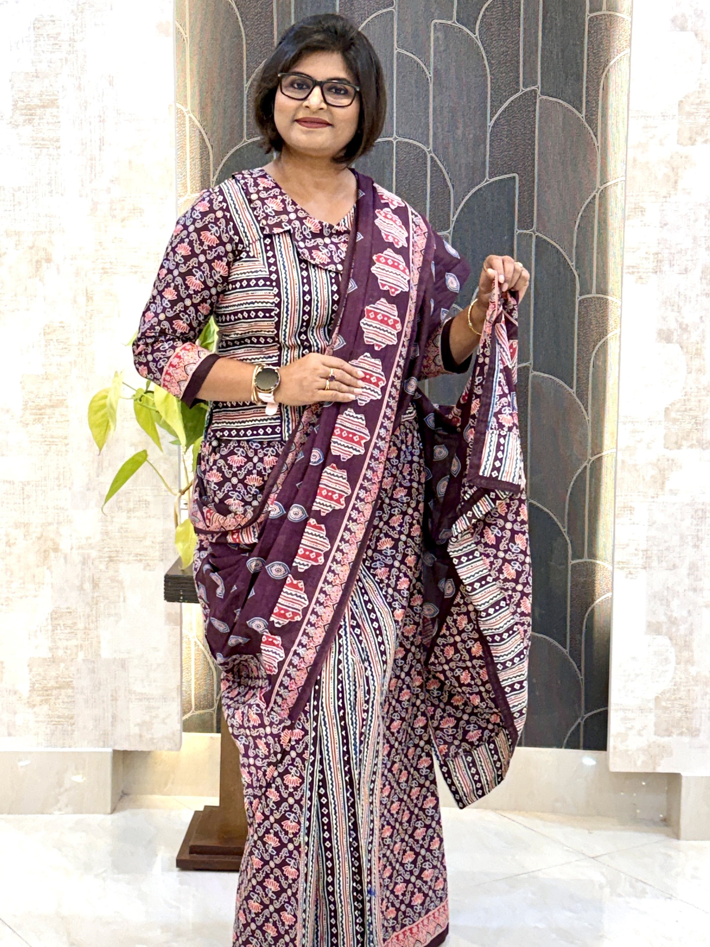 Dark Chocolate Ajrak Pure Cotton Insta Saree Set
