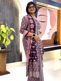 Dark Chocolate Ajrak Pure Cotton Insta Saree Set