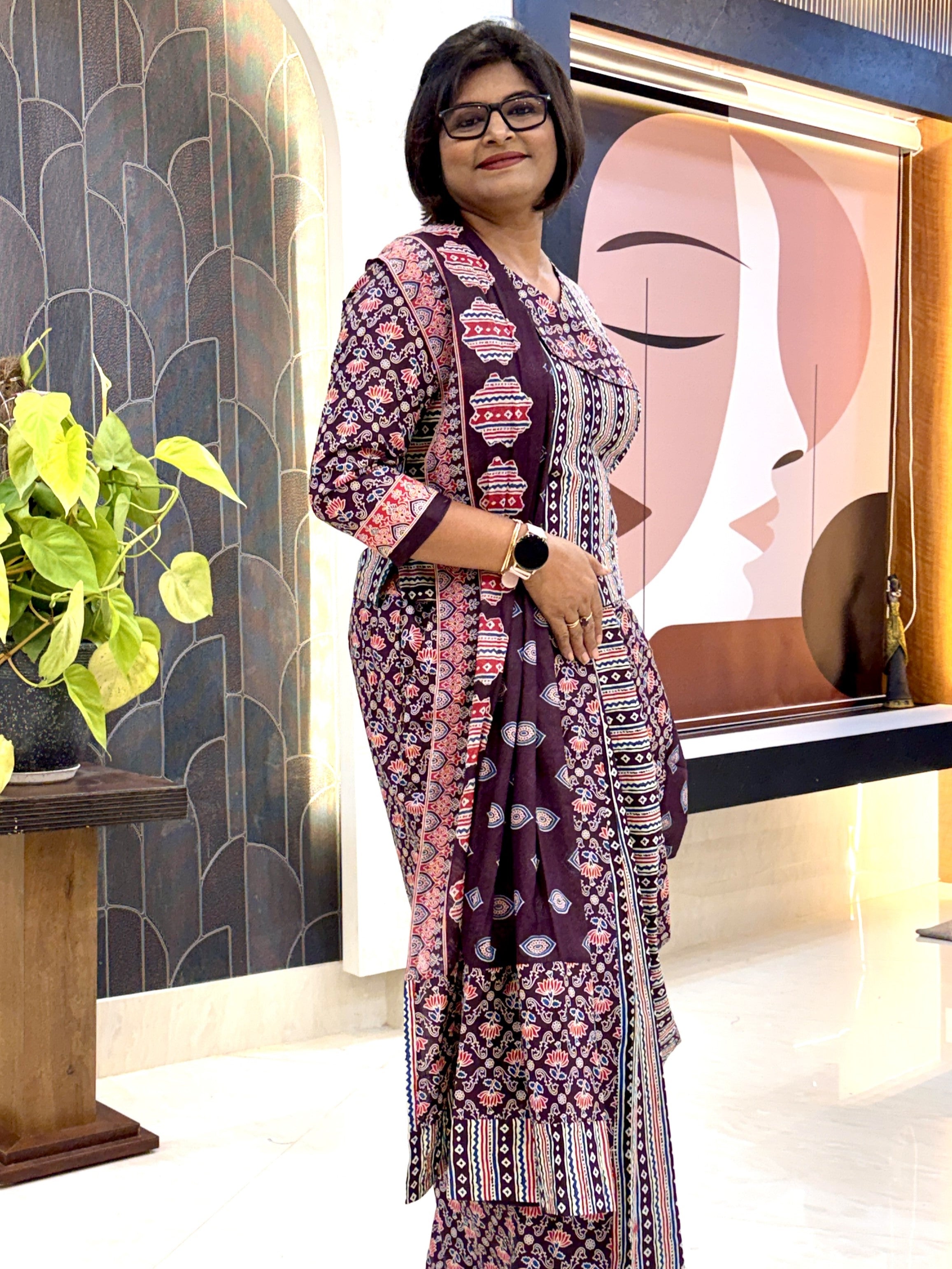 Dark Chocolate Ajrak Pure Cotton Insta Saree Set