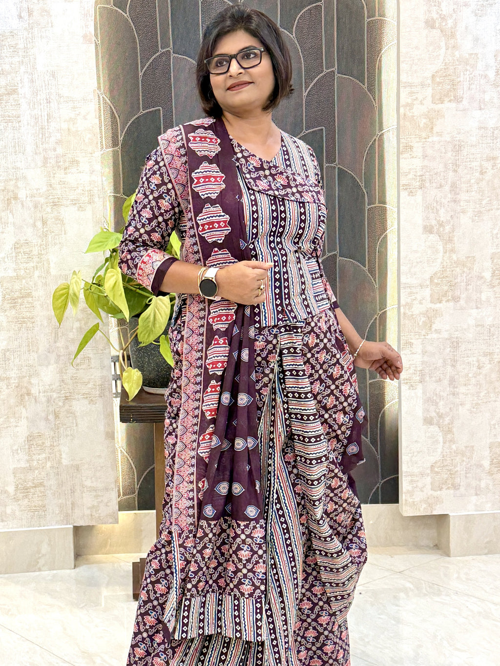 Dark Chocolate Ajrak Pure Cotton Insta Saree Set