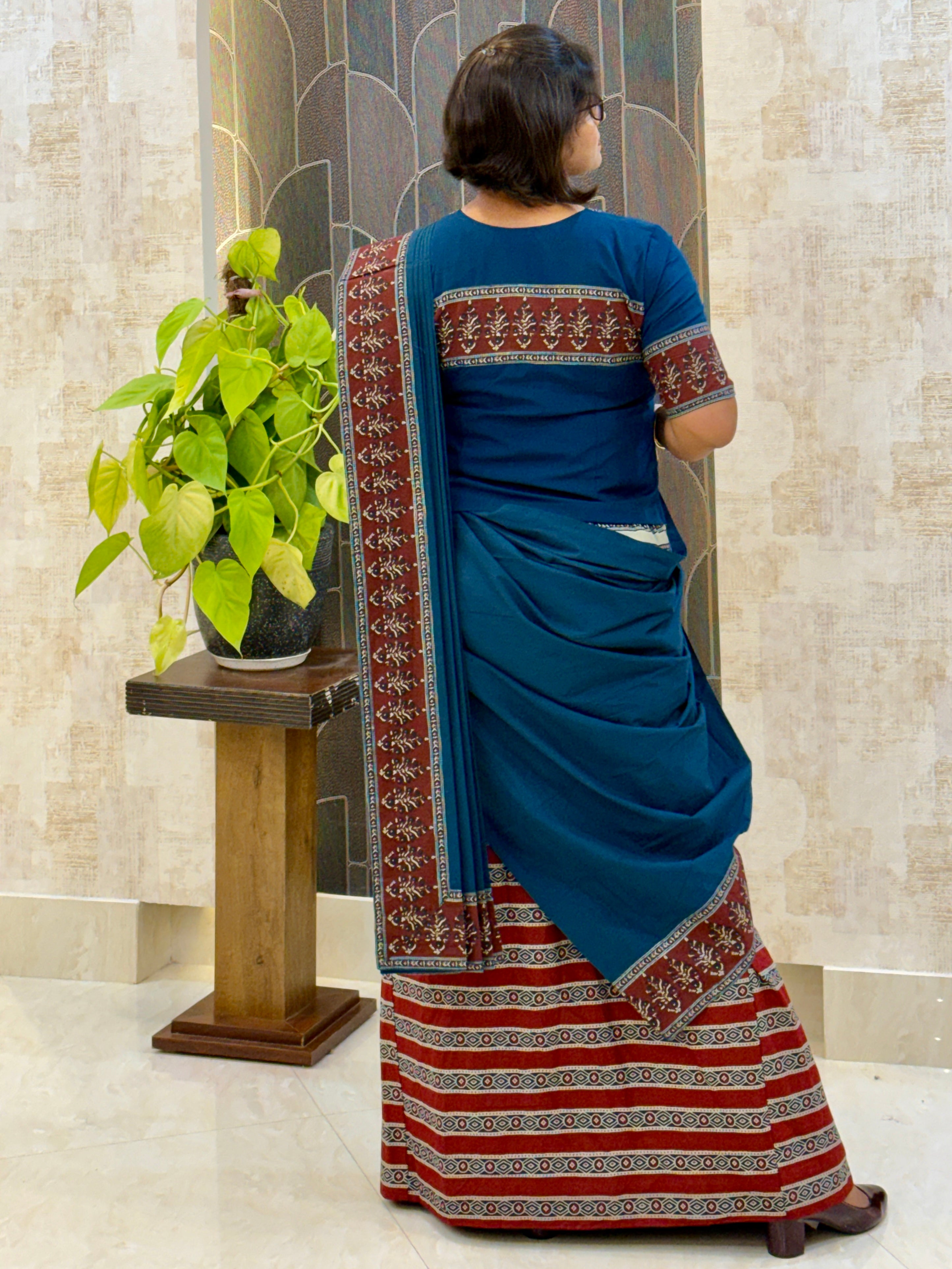 Moonlit Navy Ready-to-Wear Saree Set with Ajrak Charm in Cotton
