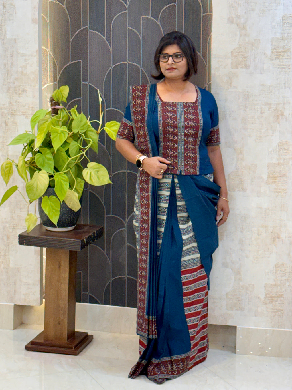 Moonlit Navy Ready-to-Wear Saree Set with Ajrak Charm in Cotton