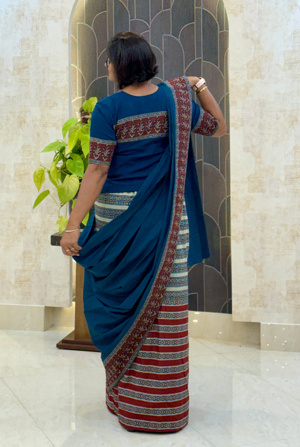 Moonlit Navy Ready-to-Wear Saree Set with Ajrak Charm in Cotton