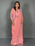 Blush Bloom Embroidered Fusion Saree Set