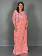 Blush Bloom Embroidered Fusion Saree Set