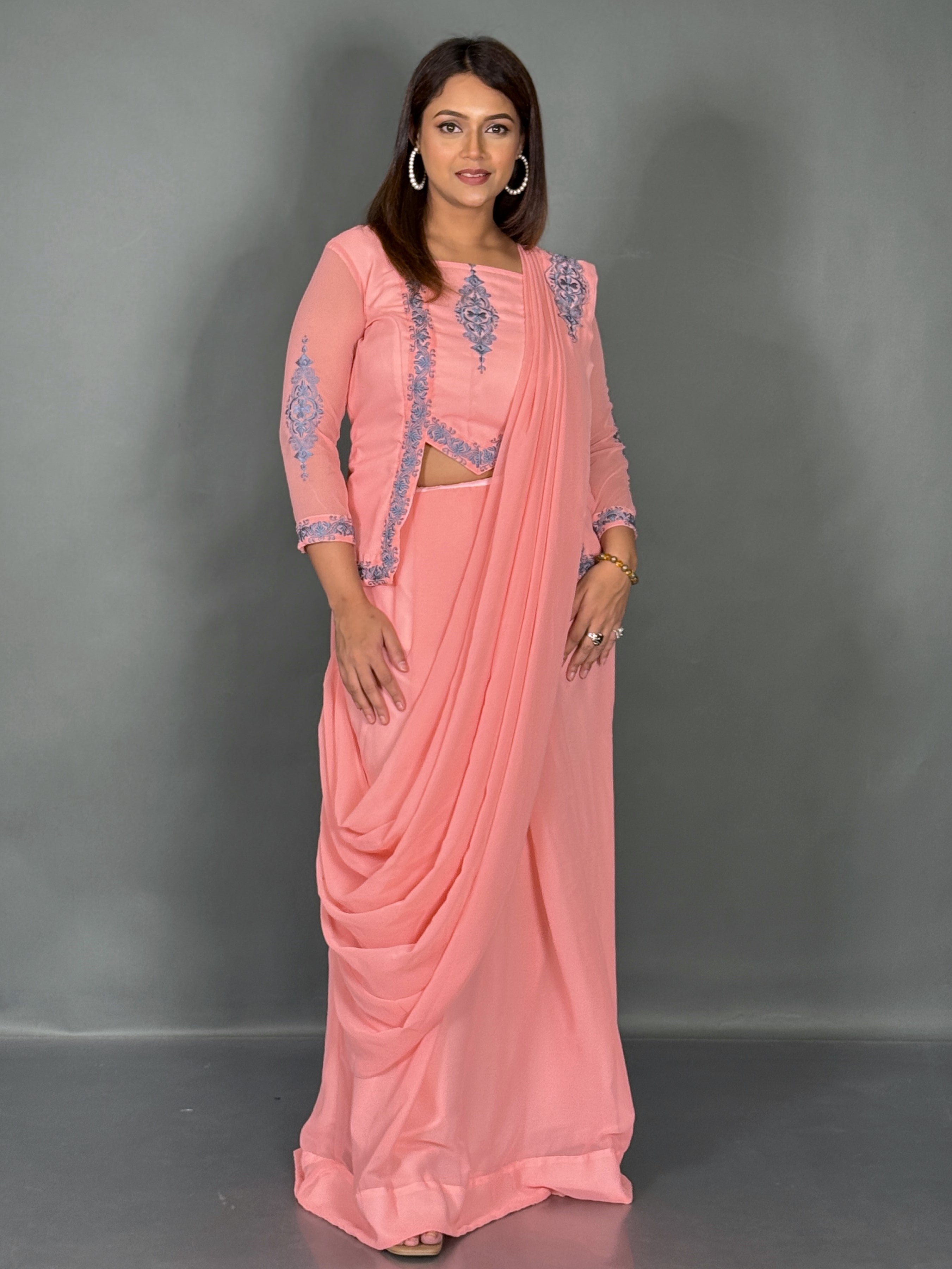 Blush Bloom Embroidered Fusion Saree Set