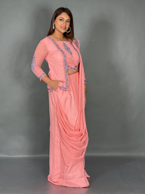 Blush Bloom Embroidered Fusion Saree Set